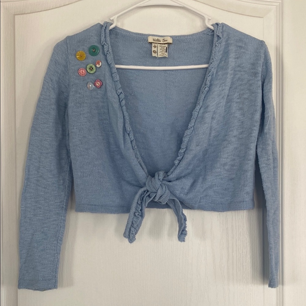 Matilda Jane Girls Slub sweater. Tie front with button accent. Girls Sz 10. EUC